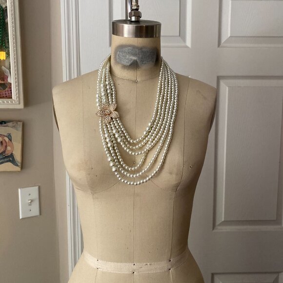 Bloomingdales CLASSIC White 6 strand Pearl Flower pendant bib Collar Necklace - Picture 14 of 15